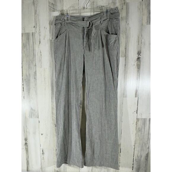Sundance Womens Pants Size 8 (32x31.5) Linen Blend Gray Striped Belted Wide Leg - Picture 2 of 9
